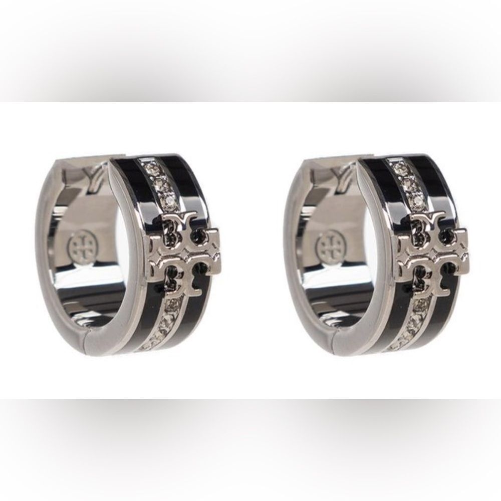 Tory Burch Kira Black and Silver Crystal Hoop Earrings